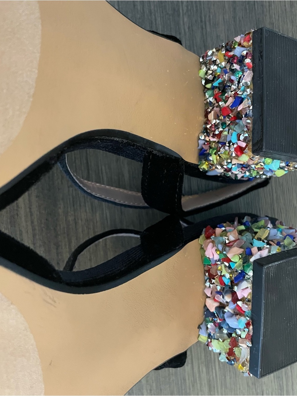 Betsey Johnson Lena Black Velvet Ankle Strap Pumps Glitter Block Heel Size 9 - Picture 7 of 9